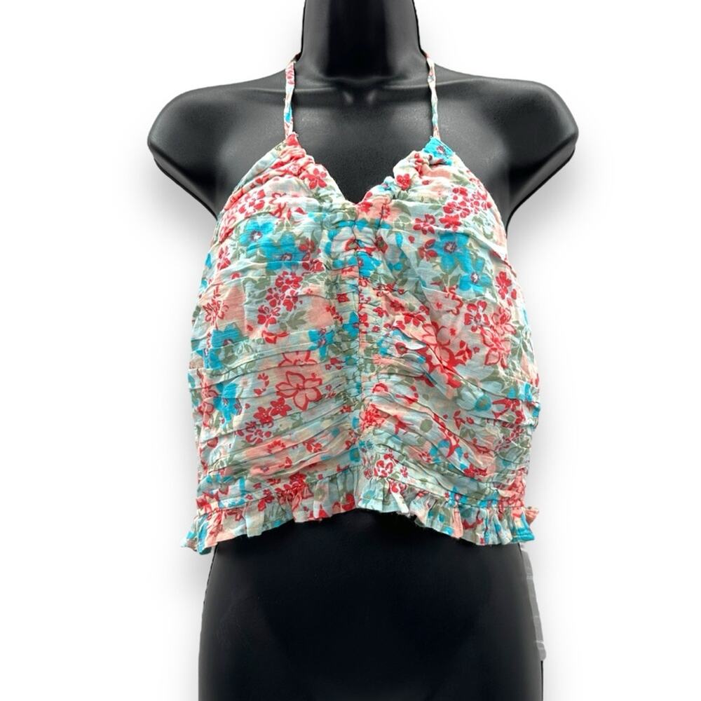American Eagle White Multicolor Smocked Halter Neck Crop Top Sz L NEW